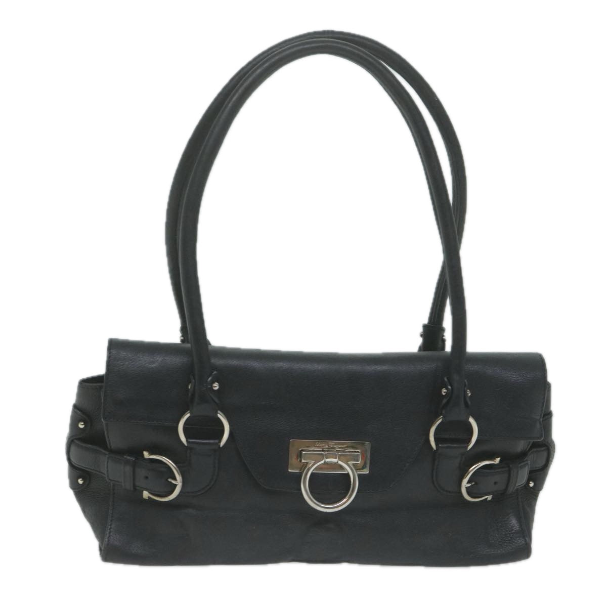 Salvatore Ferragamo Gancini Shoulder Bag Leather Black Auth 65855