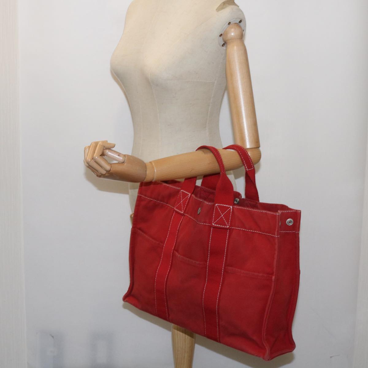 HERMES Deauville MM Tote Bag Canvas Red Auth 65875