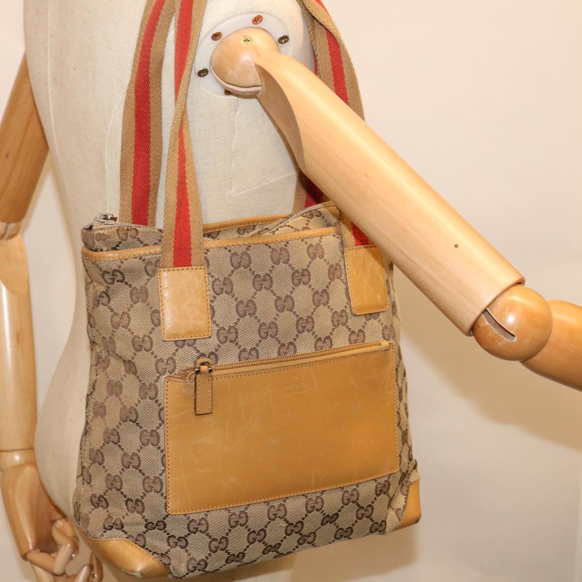 GUCCI GG Canvas Sherry Line Tote Bag Beige Orange 0190402 Auth 65970