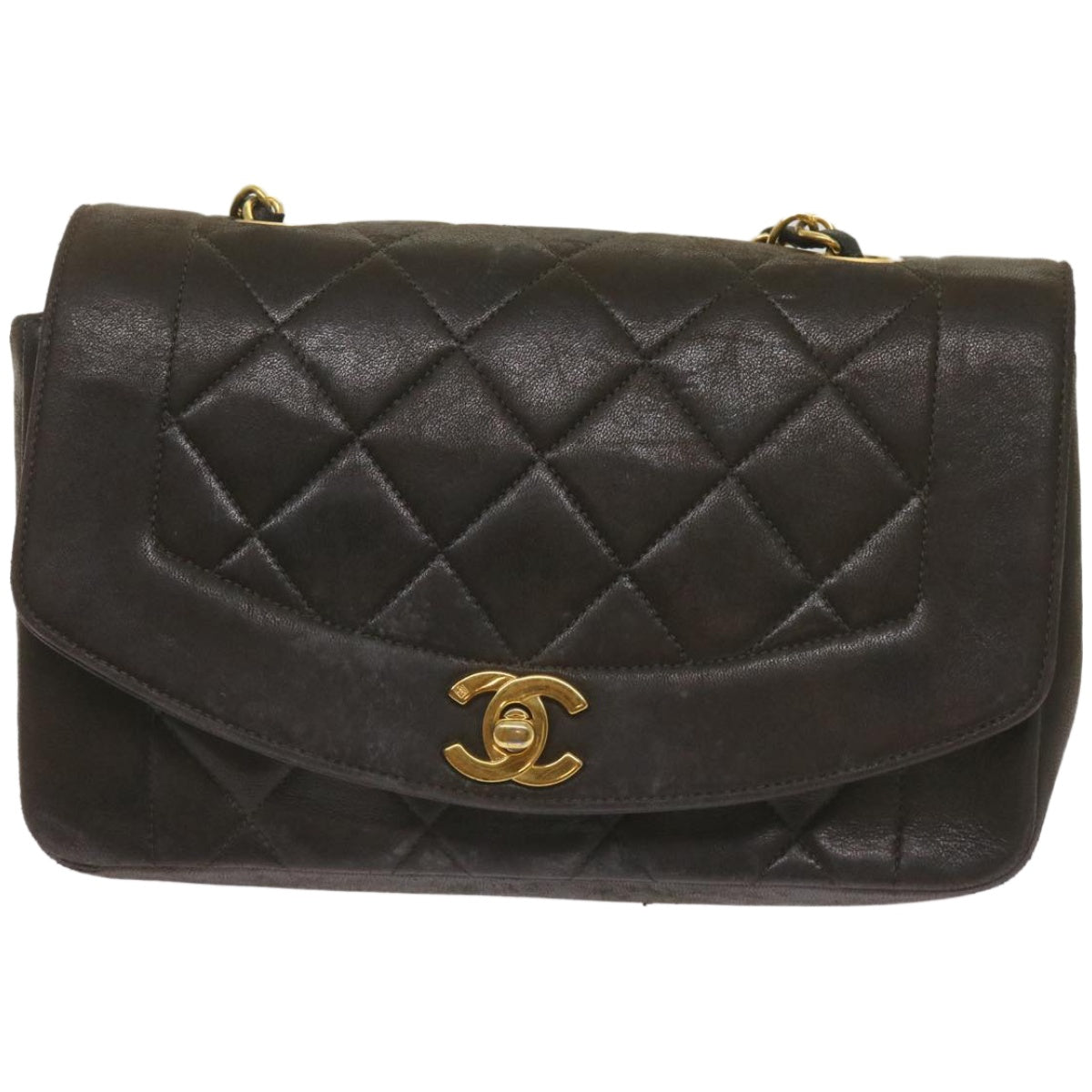 CHANEL Diana Matelasse Chain Shoulder Bag Leather Black CC Auth 66875