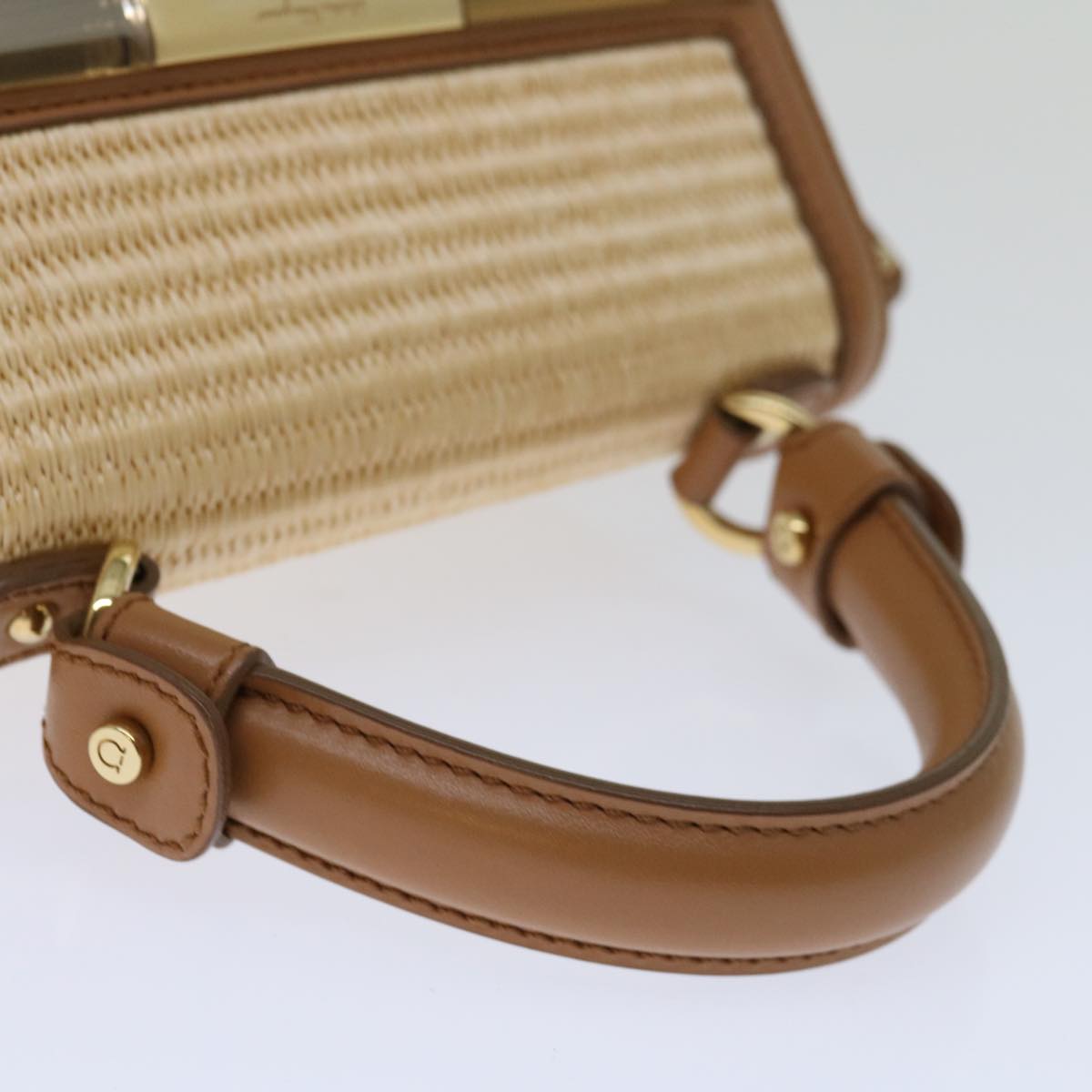 Salvatore Ferragamo Sofia Gancini Hand Bag Straw 2way Beige Auth 67016A