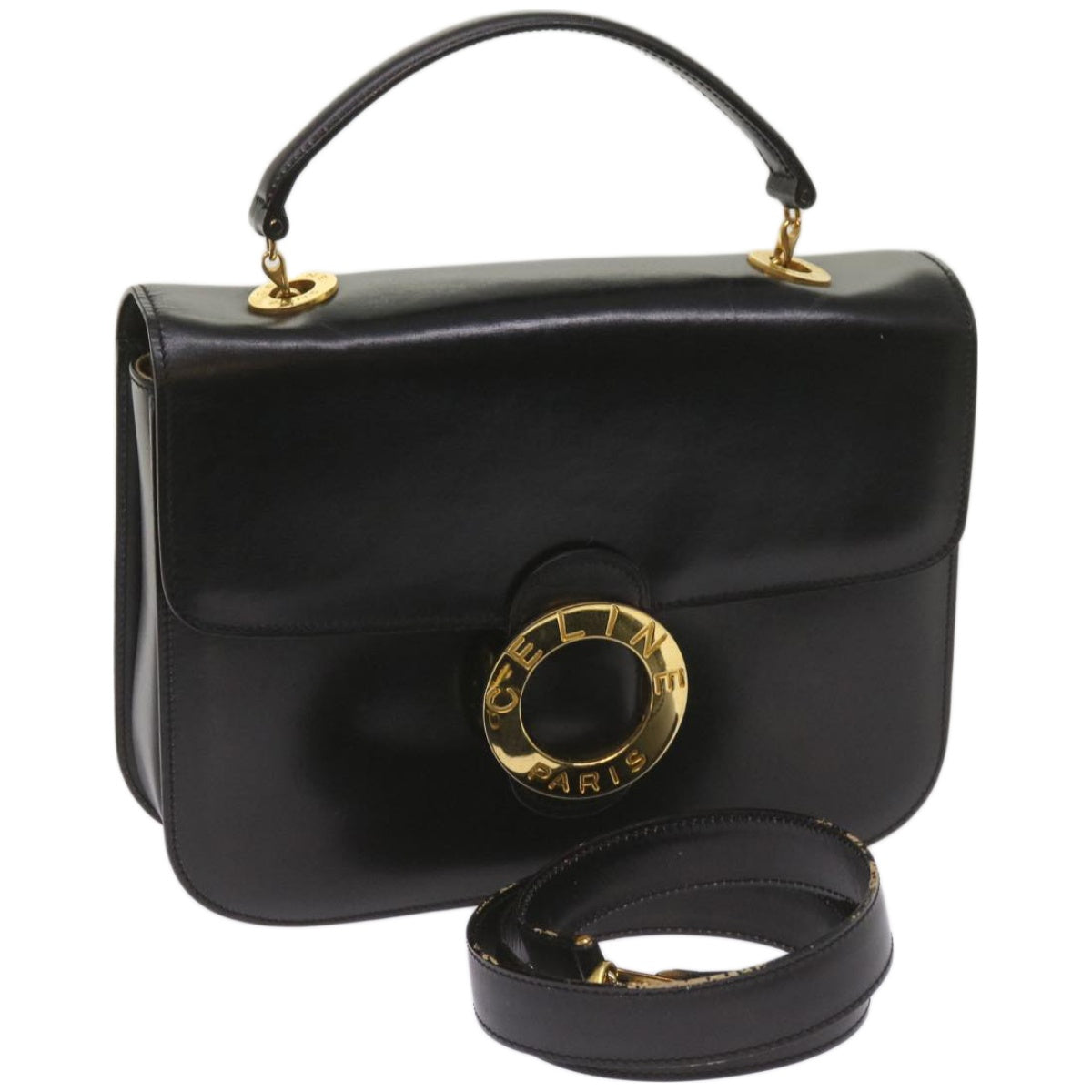 CELINE Shoulder Bag Leather Black Auth 67274