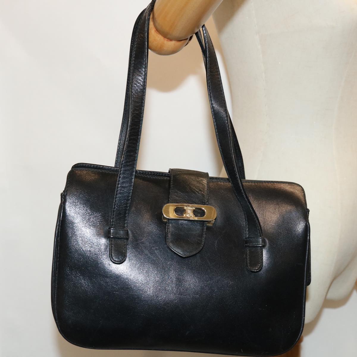 CELINE Hand Bag Leather Black Auth 68292