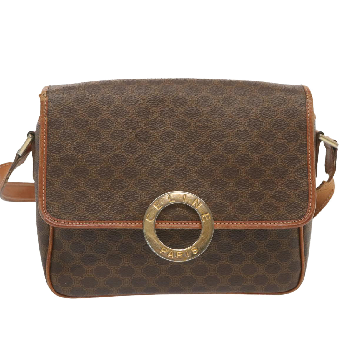 CELINE Macadam Canvas Shoulder Bag PVC Leather Brown Auth 68506