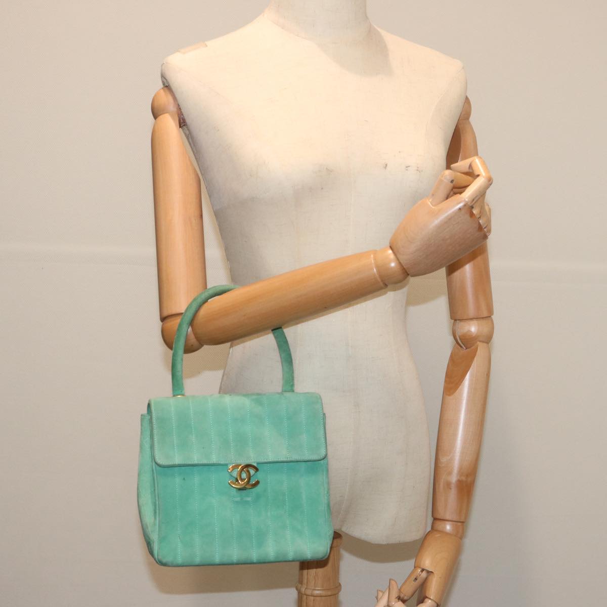 CHANEL Hand Bag Suede Green CC Auth 68731A