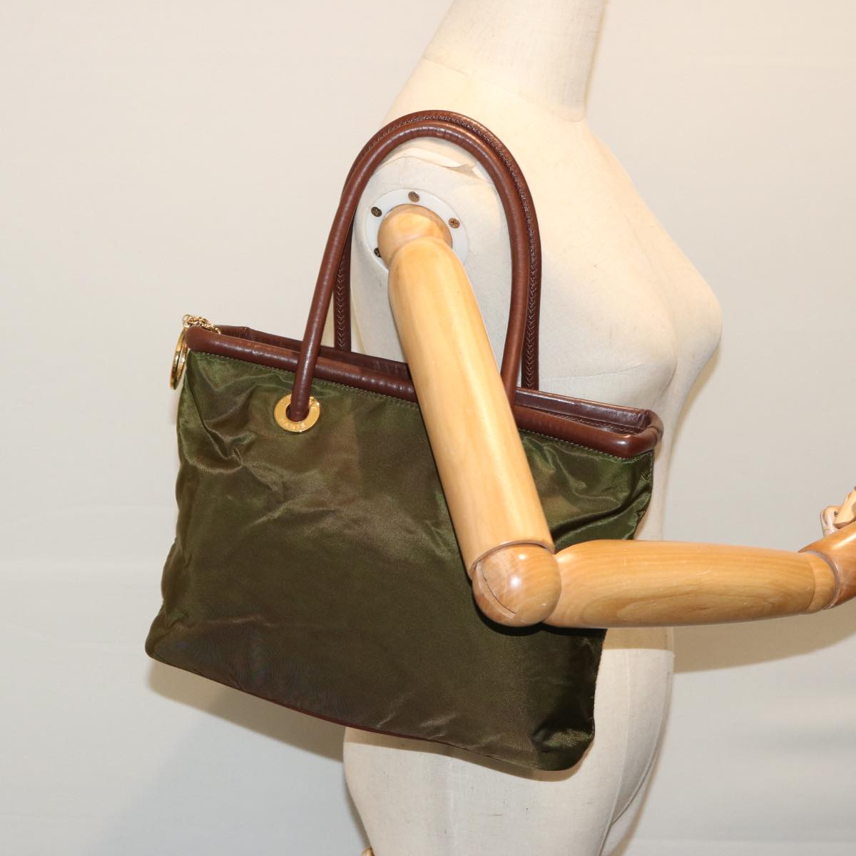 CELINE Hand Bag Nylon Khaki Auth 69940