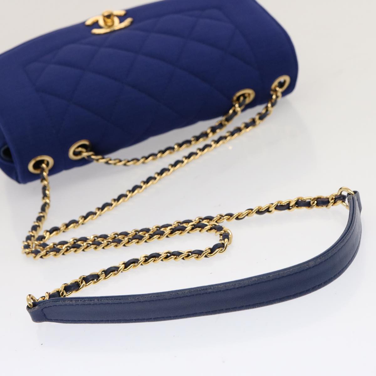 CHANEL Diana Matelasse Chain Shoulder Bag Canvas Blue Gold CC Auth 70391SAM