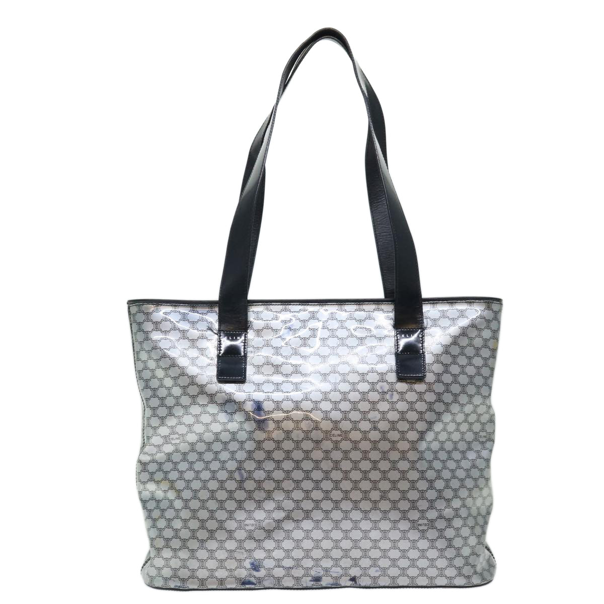 CELINE Macadam Canvas Tote Bag Enamel Silver Black Auth 70632