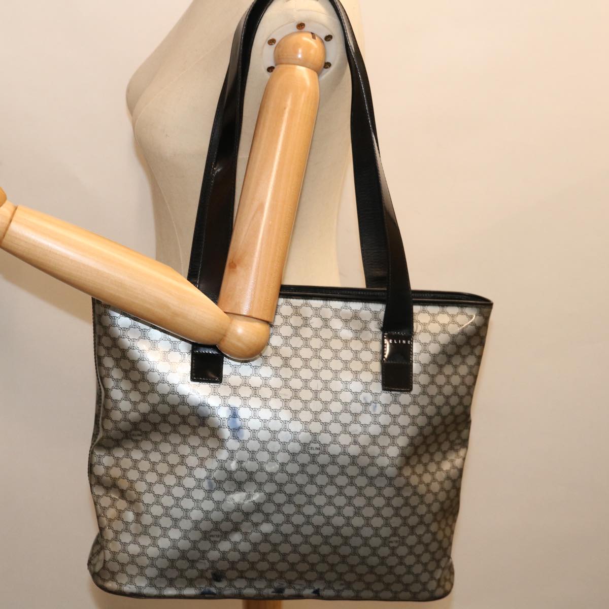CELINE Macadam Canvas Tote Bag Enamel Silver Black Auth 70632