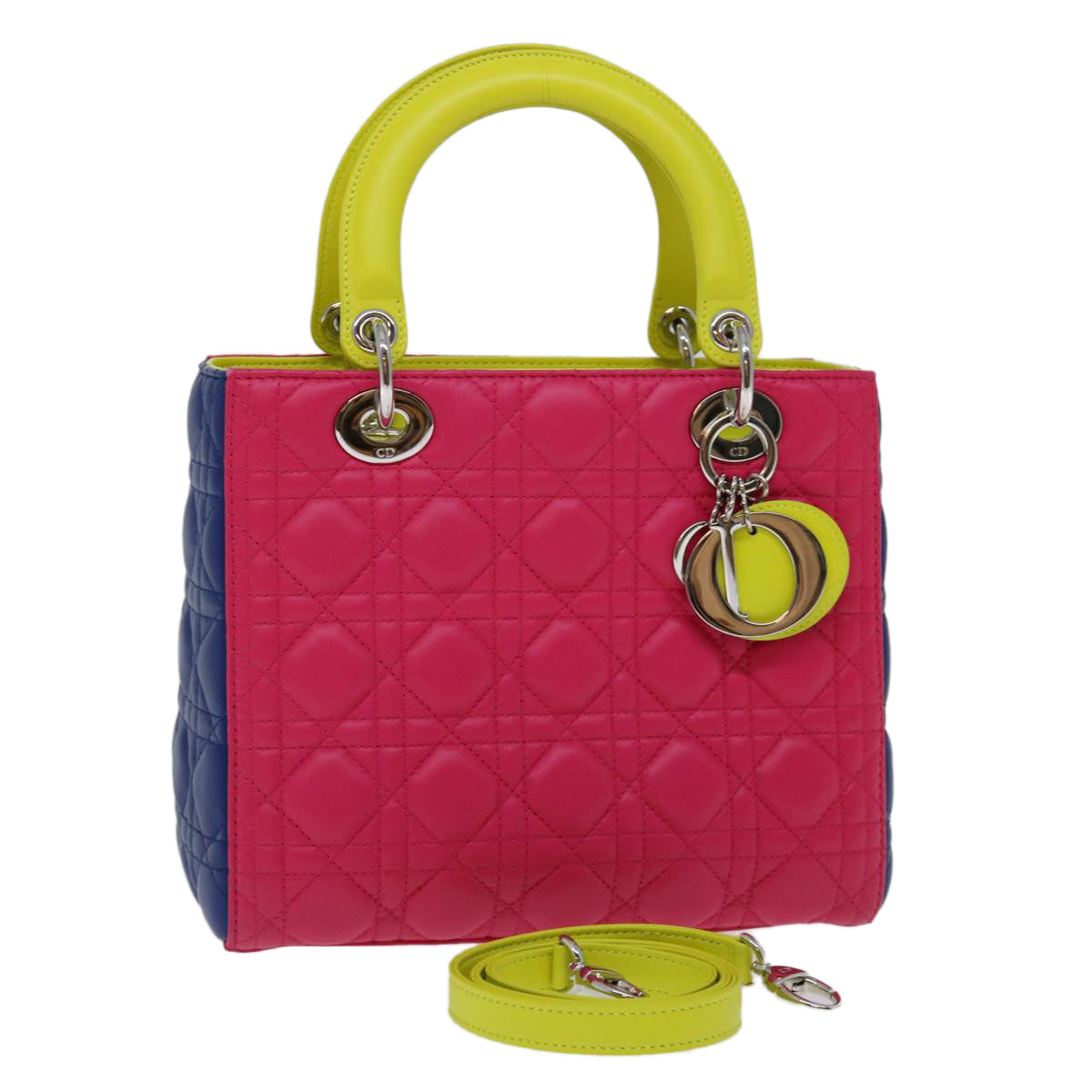 Christian Dior Lady Dior Canage Hand Bag Lamb Skin Blue Pink Auth 70762SV
