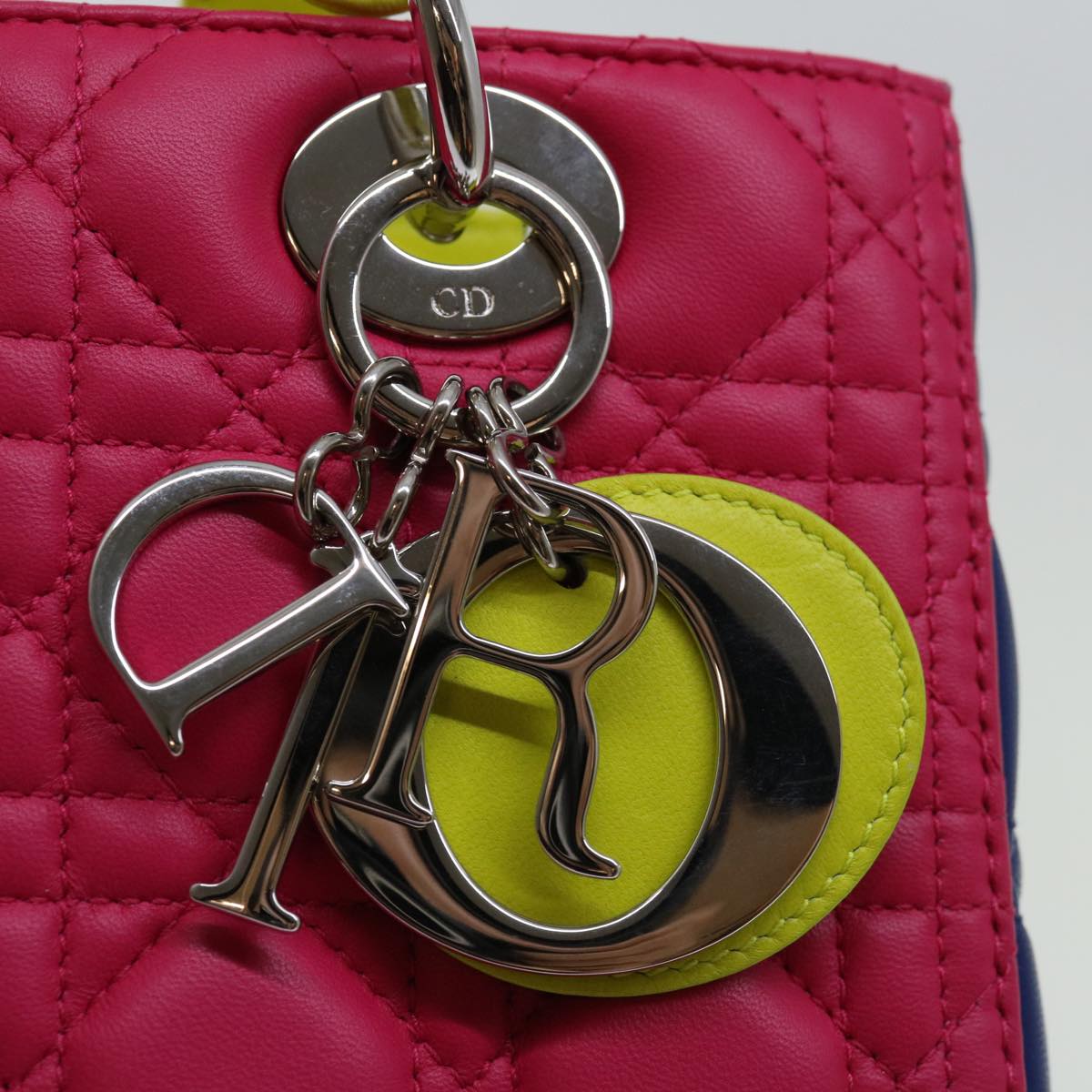 Christian Dior Lady Dior Canage Hand Bag Lamb Skin Blue Pink Auth 70762SV