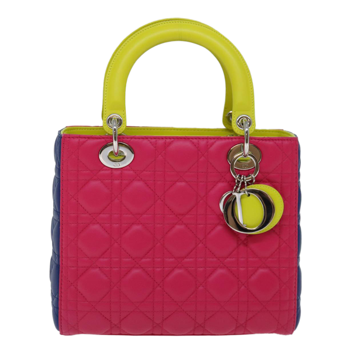 Christian Dior Lady Dior Canage Hand Bag Lamb Skin Blue Pink Auth 70762SV