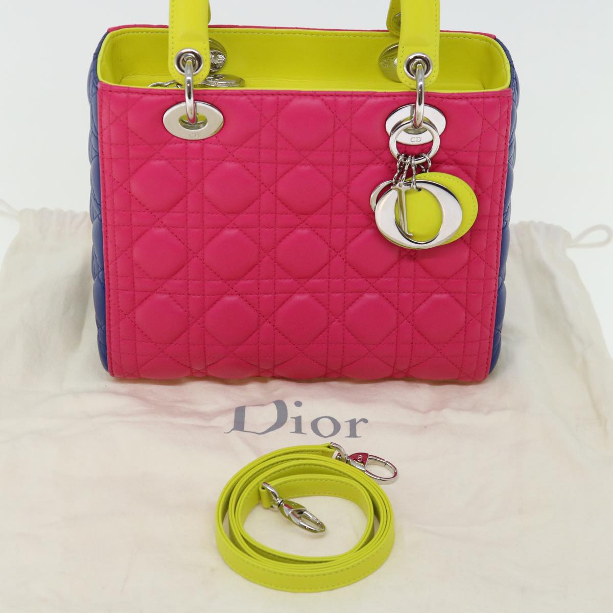 Christian Dior Lady Dior Canage Hand Bag Lamb Skin Blue Pink Auth 70762SV