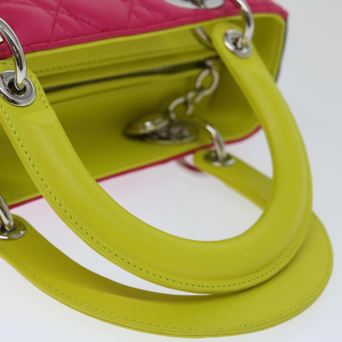 Christian Dior Lady Dior Canage Hand Bag Lamb Skin Blue Pink Auth 70762SV