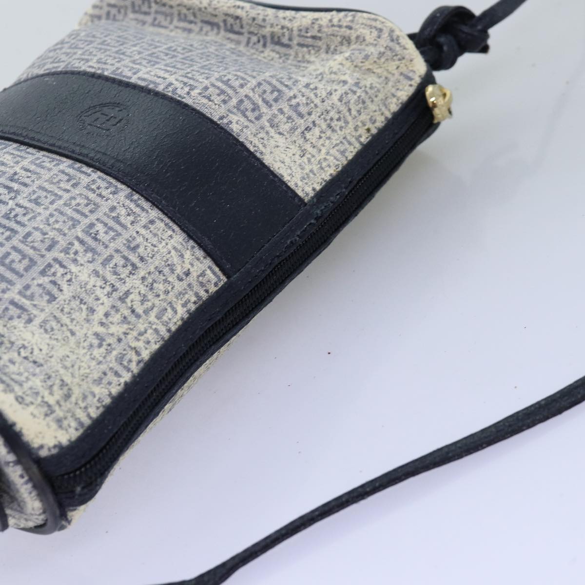 FENDI Zucchino Canvas Shoulder Bag Coated Canvas White Navy Auth 71558