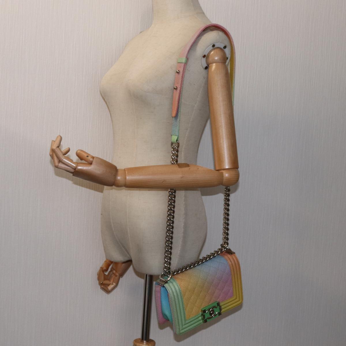 CHANEL Matelasse Boy Chanel Chain Shoulder Bag Leather Rainbow CC Auth 71579SM