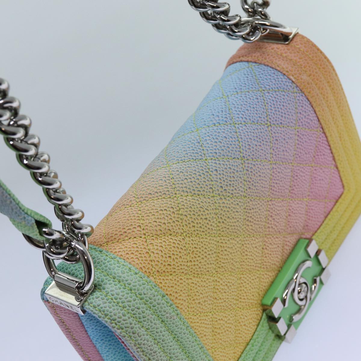 CHANEL Matelasse Boy Chanel Chain Shoulder Bag Leather Rainbow CC Auth 71579SM