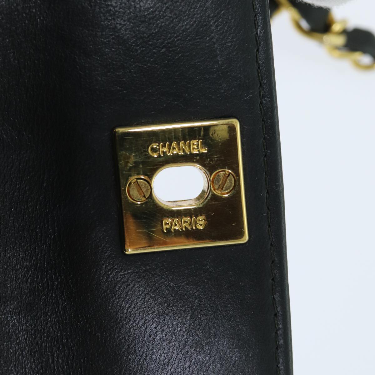 CHANEL Mini Matelasse Turn Lock Chain Bag Lamb Skin Black CC Auth 72435AV