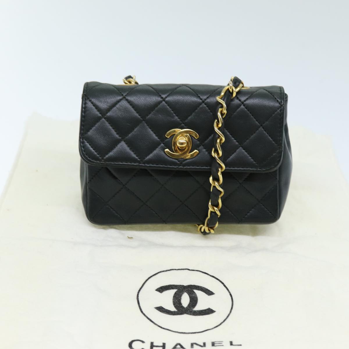 CHANEL Mini Matelasse Turn Lock Chain Bag Lamb Skin Black CC Auth 72435AV