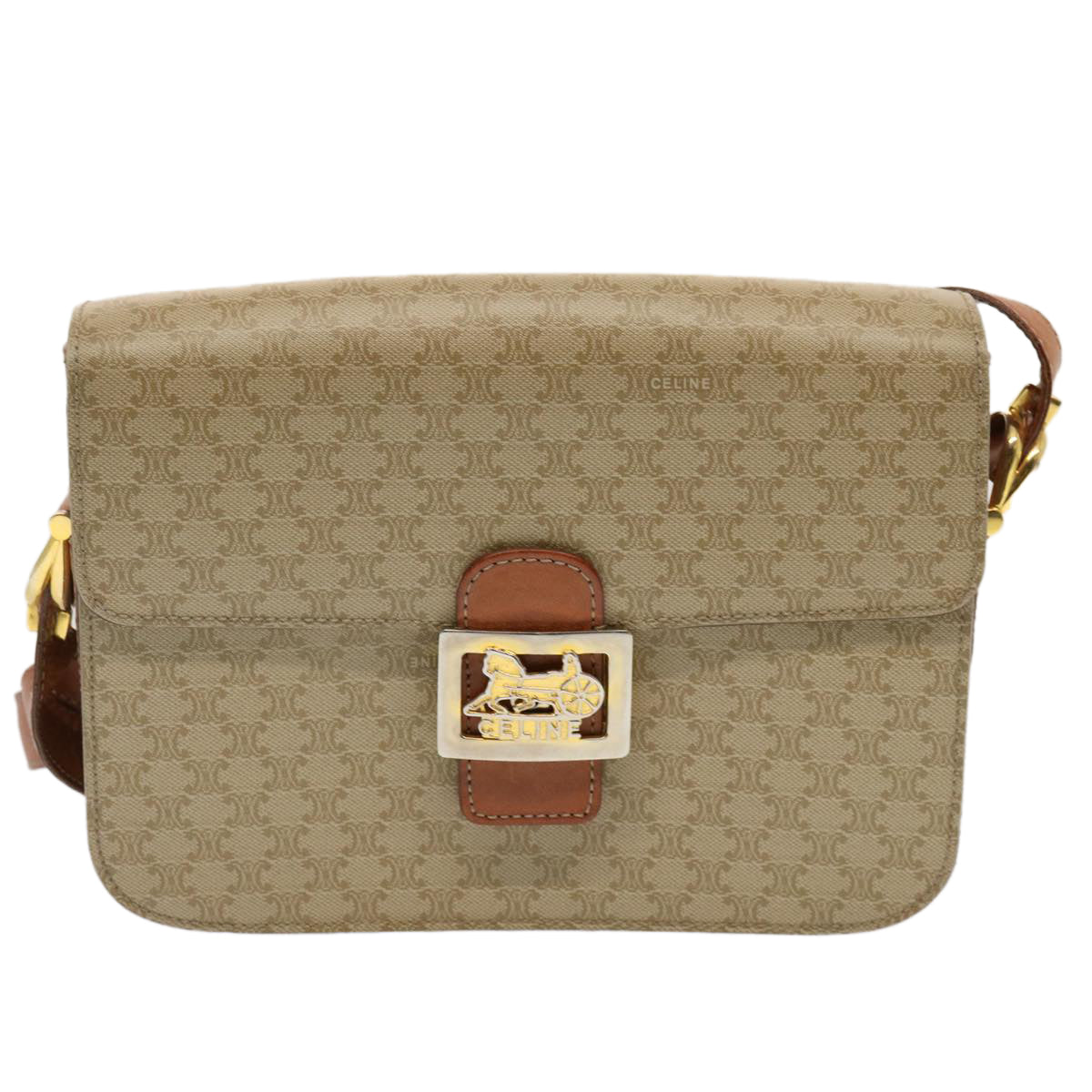 CELINE Macadam Canvas Shoulder Bag Beige Auth 73295