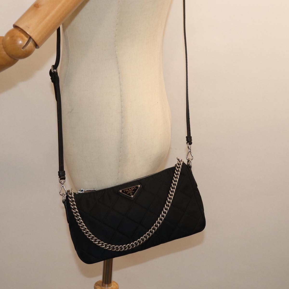 PRADA Chain Shoulder Bag Nylon 2way Black Auth 73993SAM