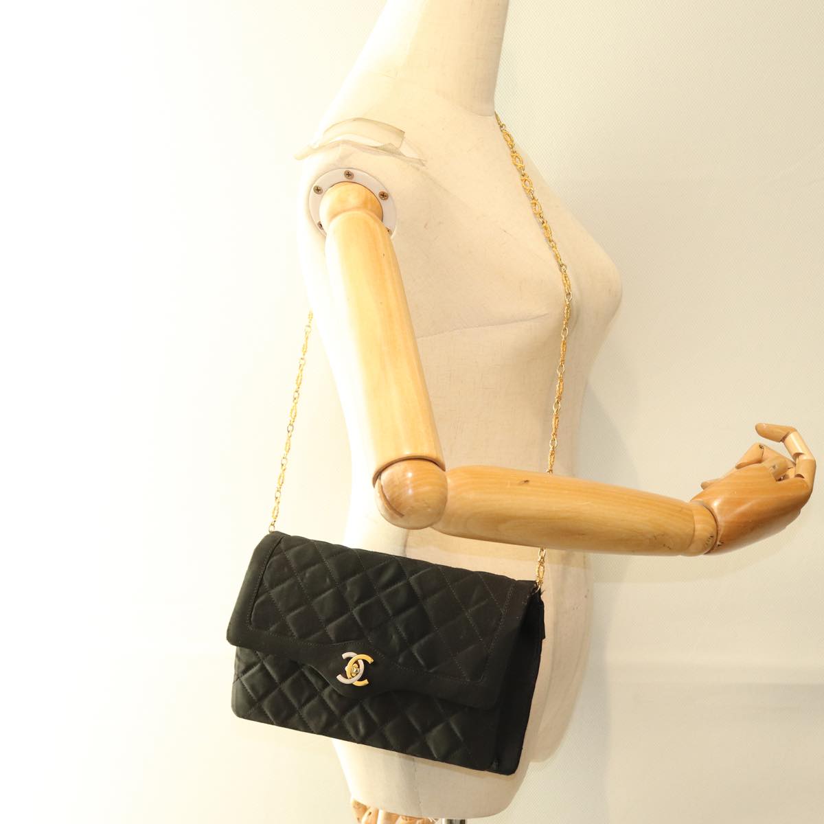 CHANEL Matelasse Chain Shoulder Bag Satin Paris limited Black CC Auth 74757A