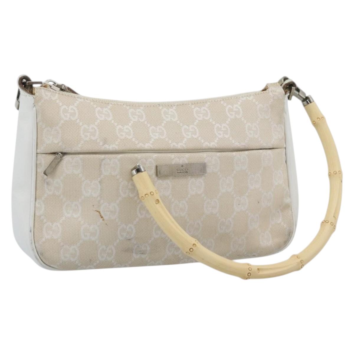 GUCCI Bamboo GG Canvas Hand Bag White Silver 001 3870 Auth 74977