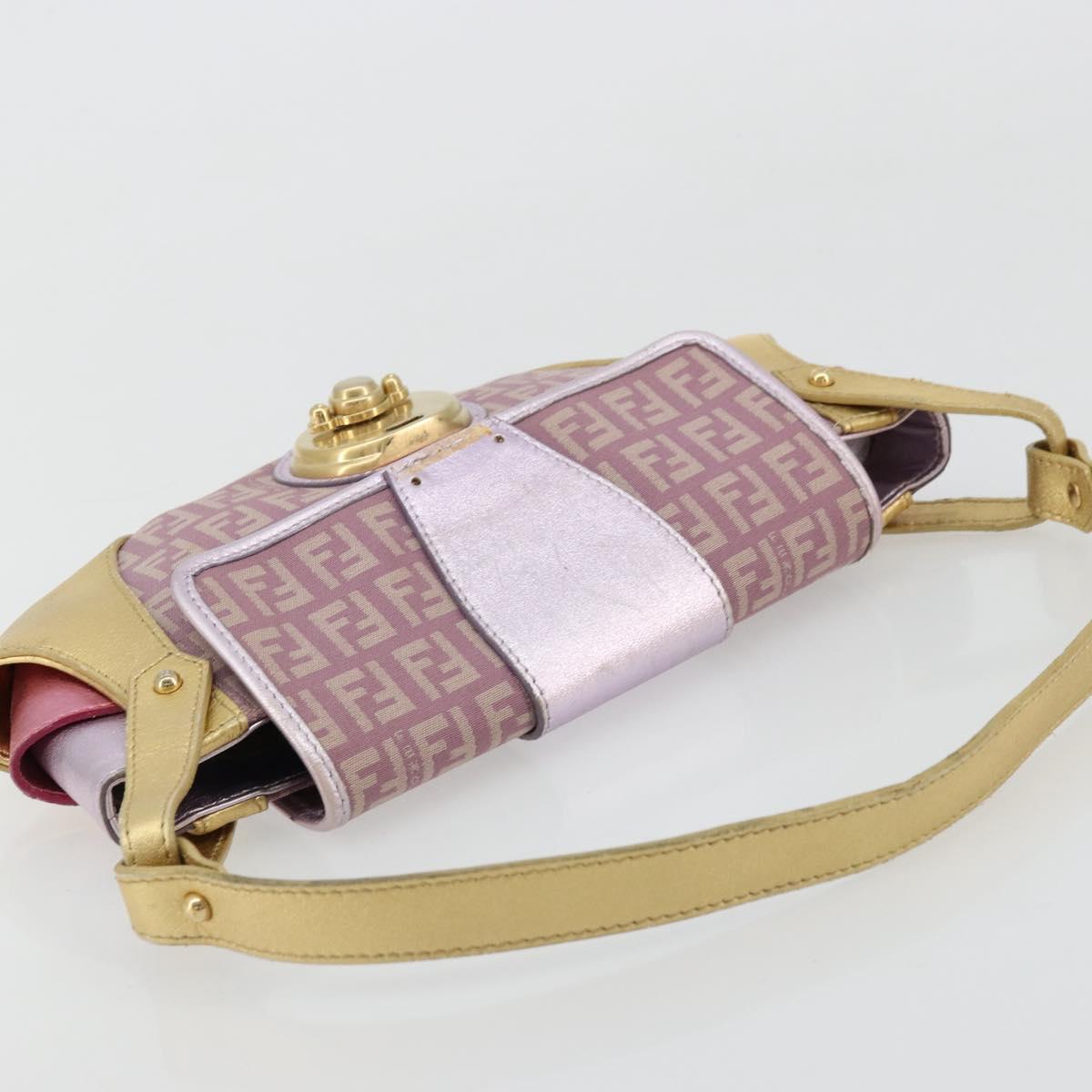 FENDI Zucchino Canvas Shoulder Bag Pink Gold Auth 75222