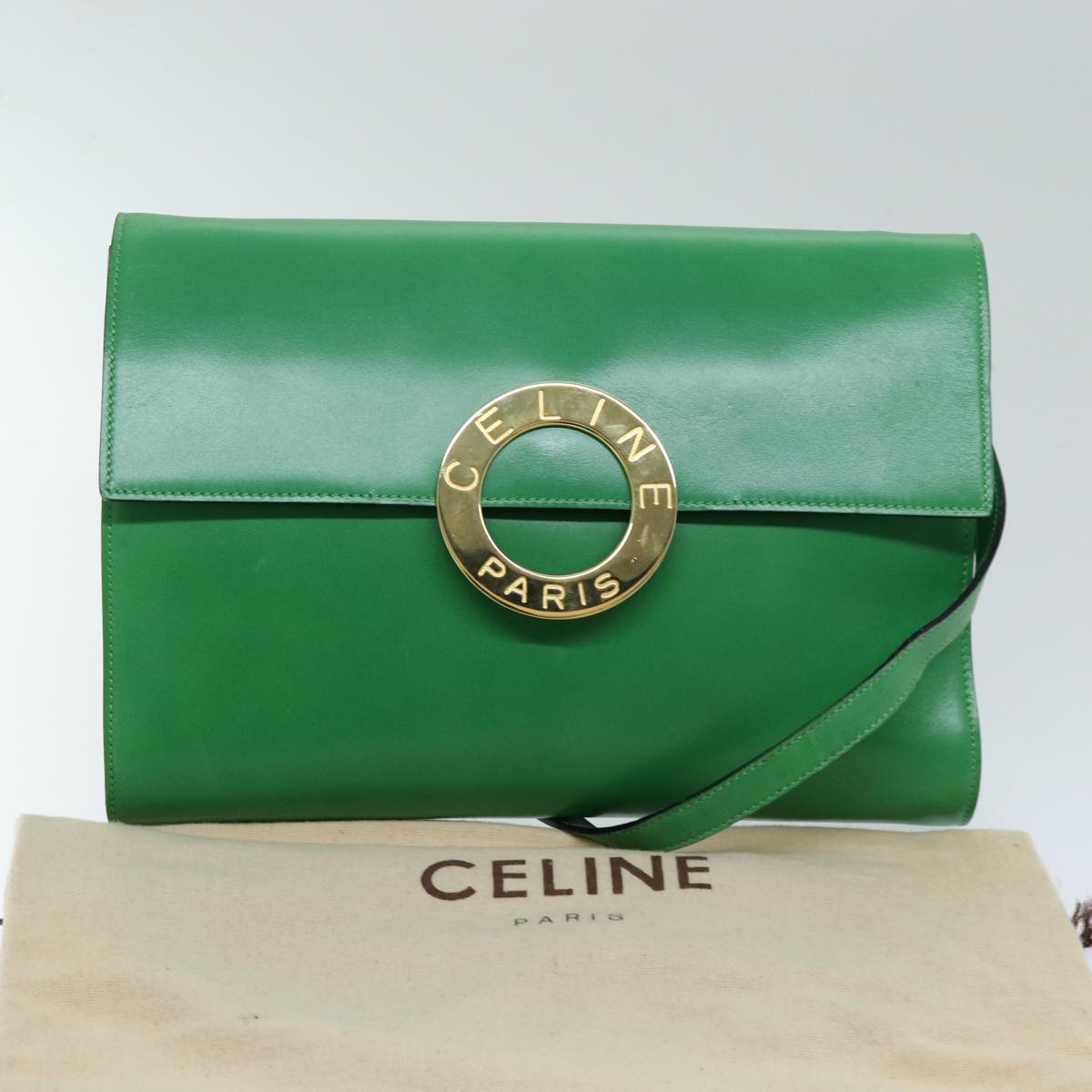 CELINE Shoulder Bag Leather Green Auth 75227AV