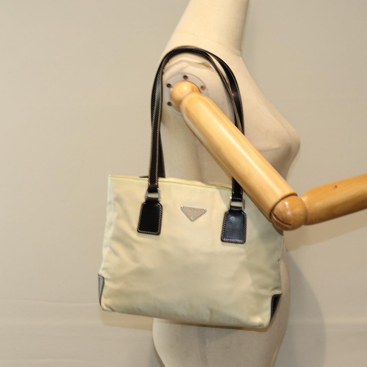 PRADA Hand Bag Nylon Cream Auth 75644