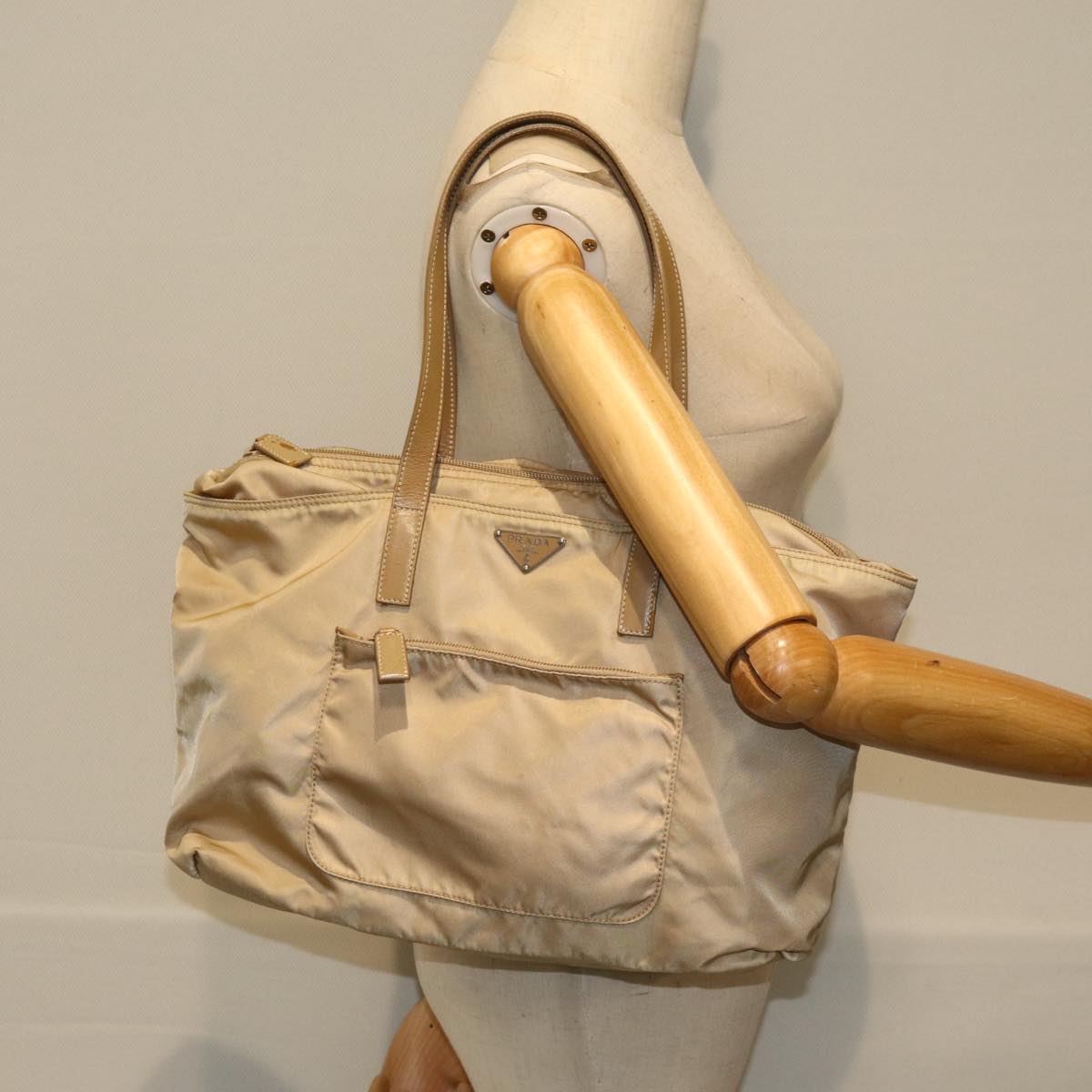 PRADA Tote Bag Nylon Beige Auth 75668
