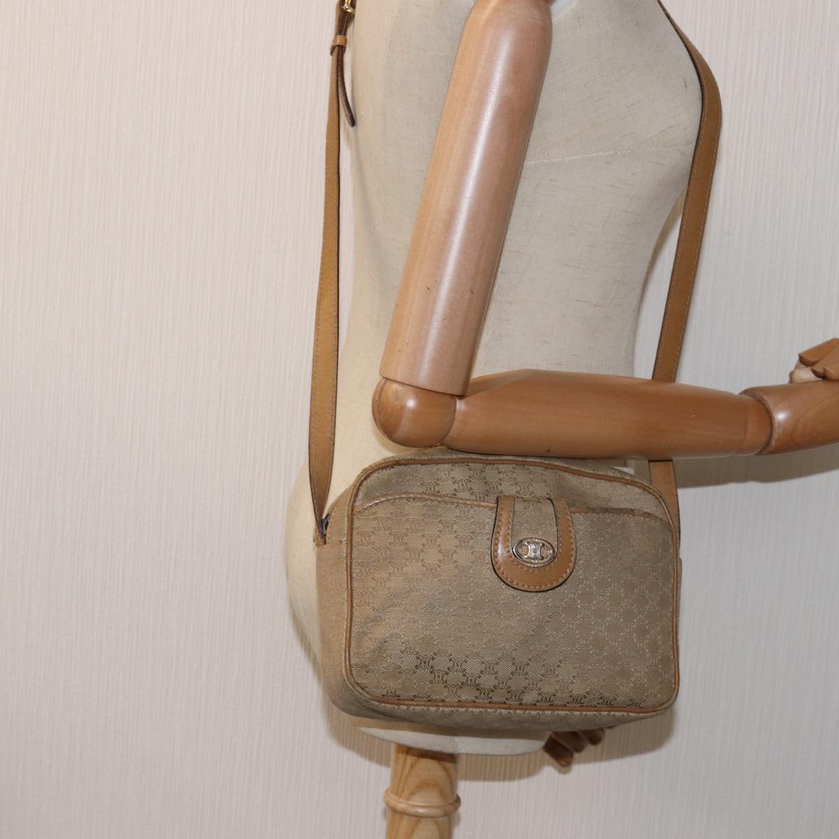 CELINE Macadam Canvas Shoulder Bag Beige Auth 76085