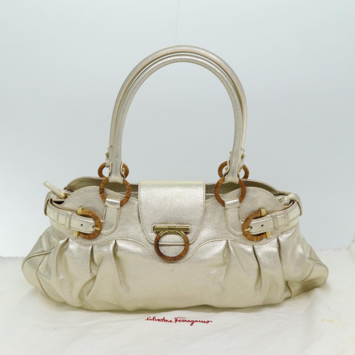 Salvatore Ferragamo Gancini Hand Bag Leather Gold Auth 76148