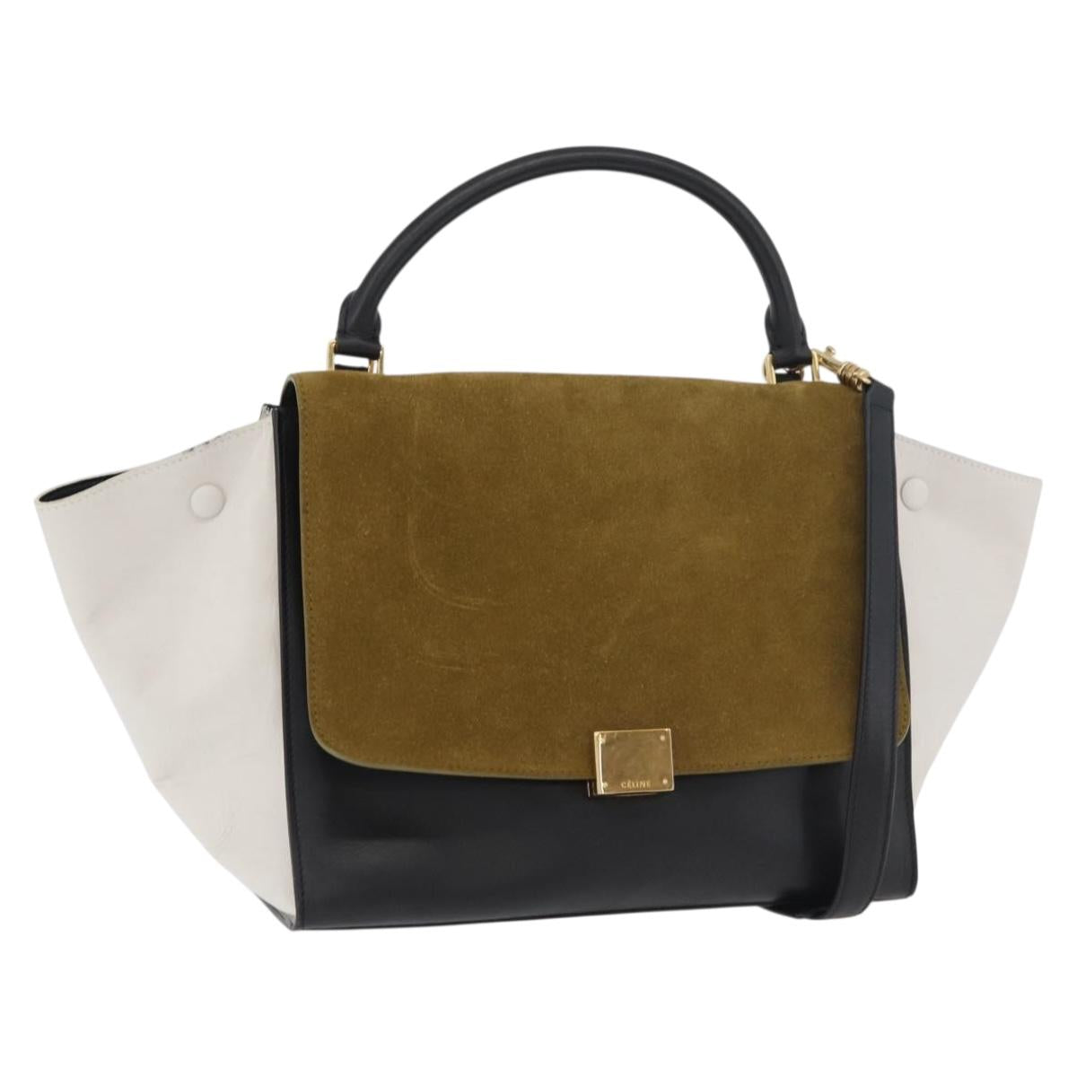CELINE Trapeze Hand Bag Suede Leather 2way Black Khaki Auth 76216
