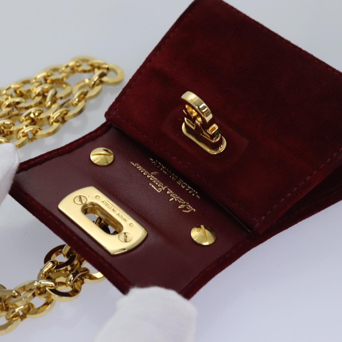 Salvatore Ferragamo Chain Shoulder Bag Suede Red Auth 76383