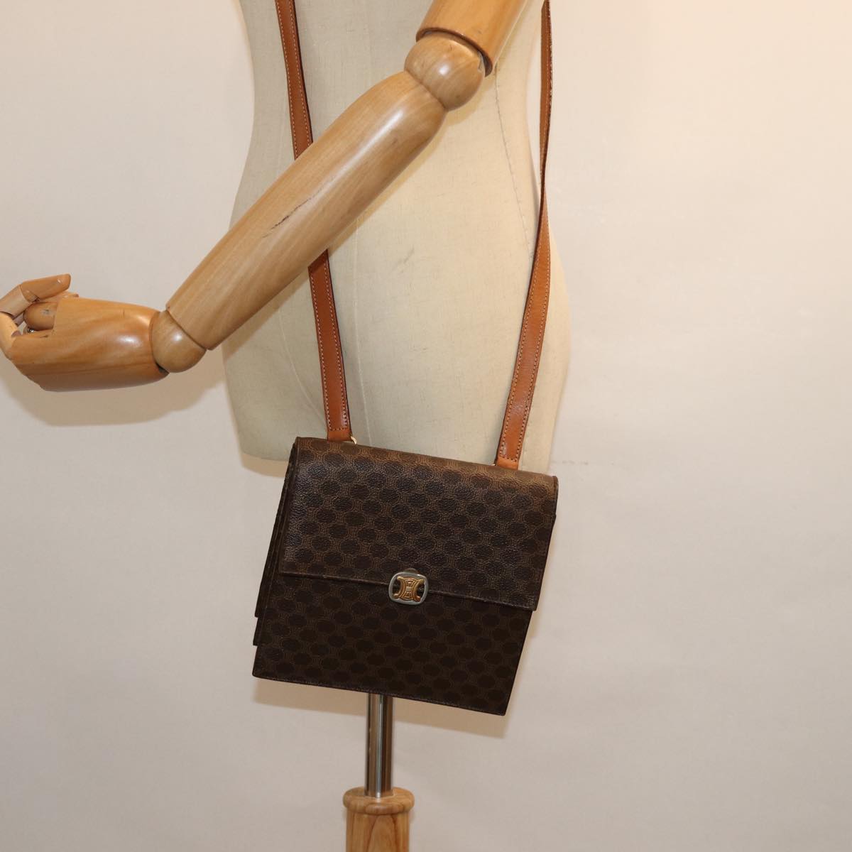 CELINE Macadam Canvas Shoulder Bag PVC Leather Brown Auth 77199
