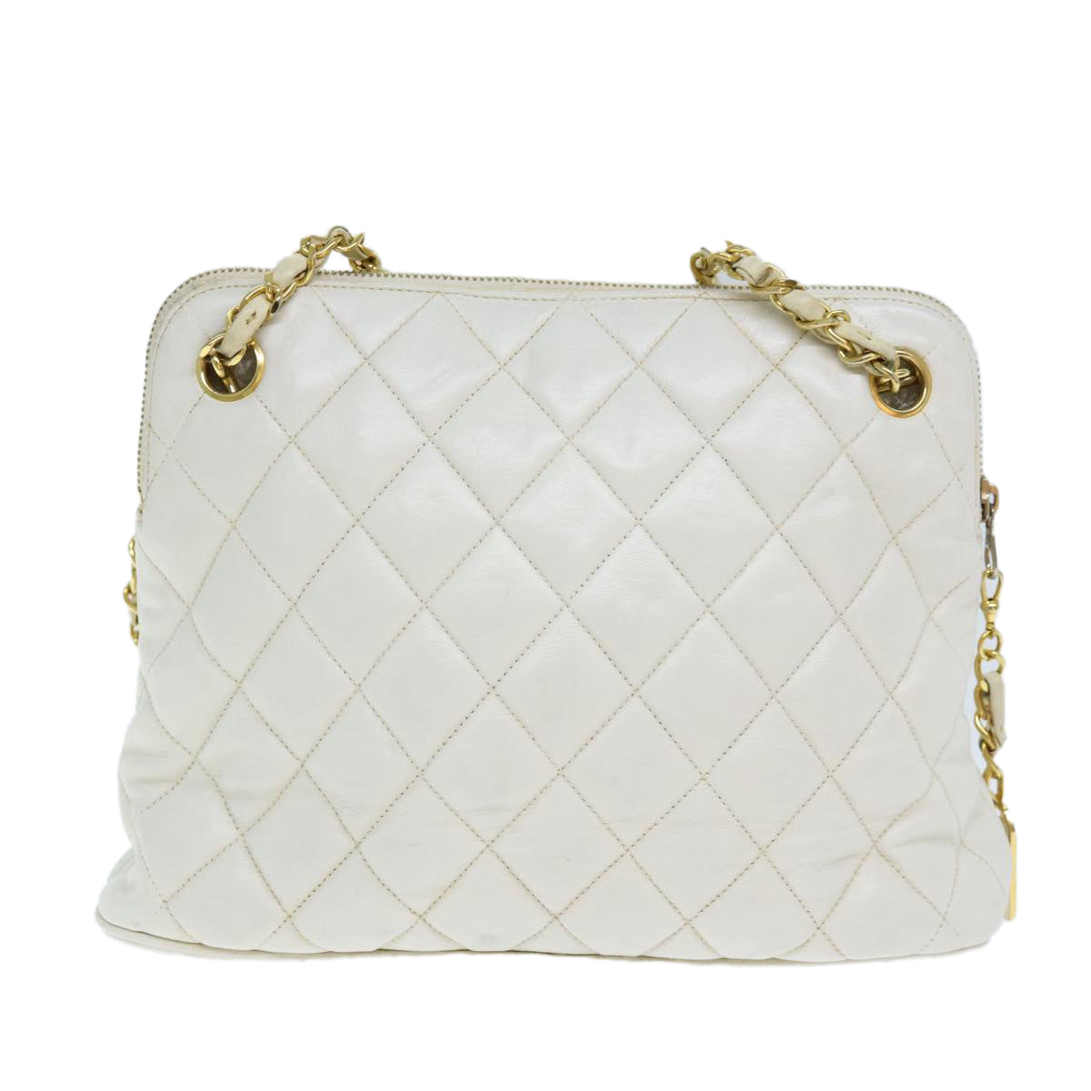 CHANEL Matelasse Chain Shoulder Bag Leather White CC Auth 77469