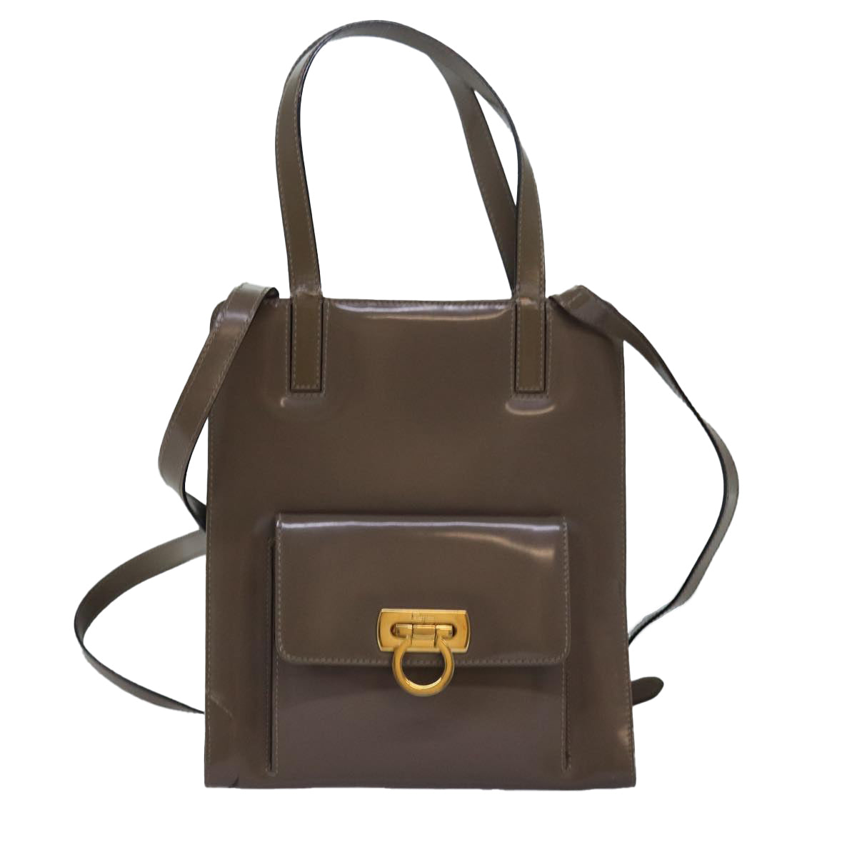 Salvatore Ferragamo Gancini Hand Bag Enamel 2way Gray Auth 77671