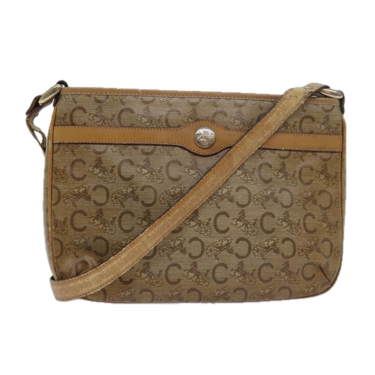 CELINE C Macadam Canvas Shoulder Bag Leather Beige Auth 79305