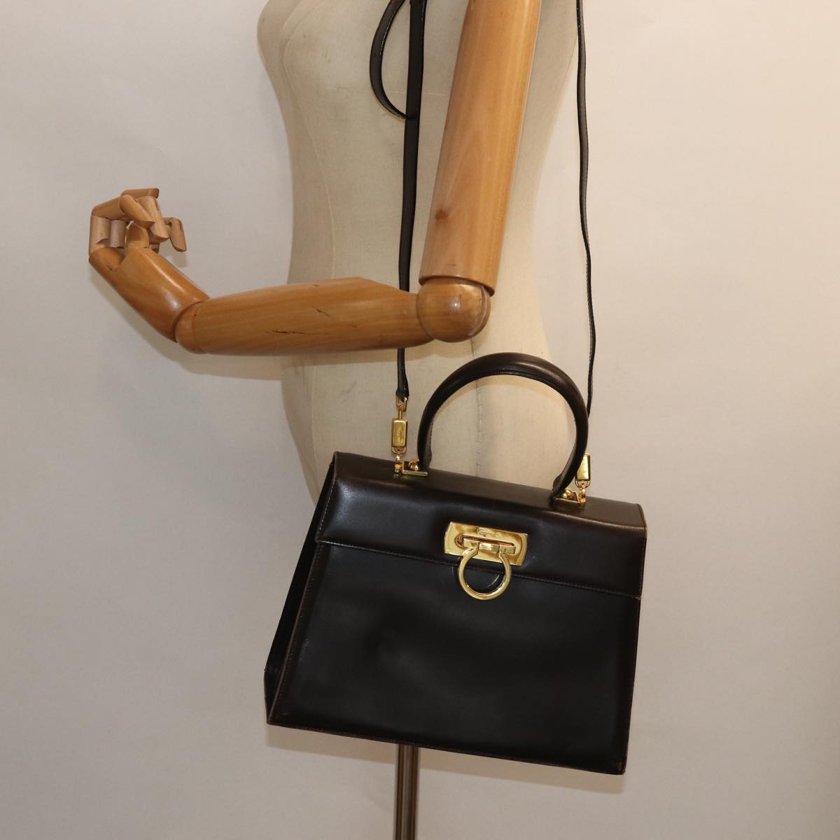 Salvatore Ferragamo Gancini Hand Bag Leather 2way Brown Auth 79812