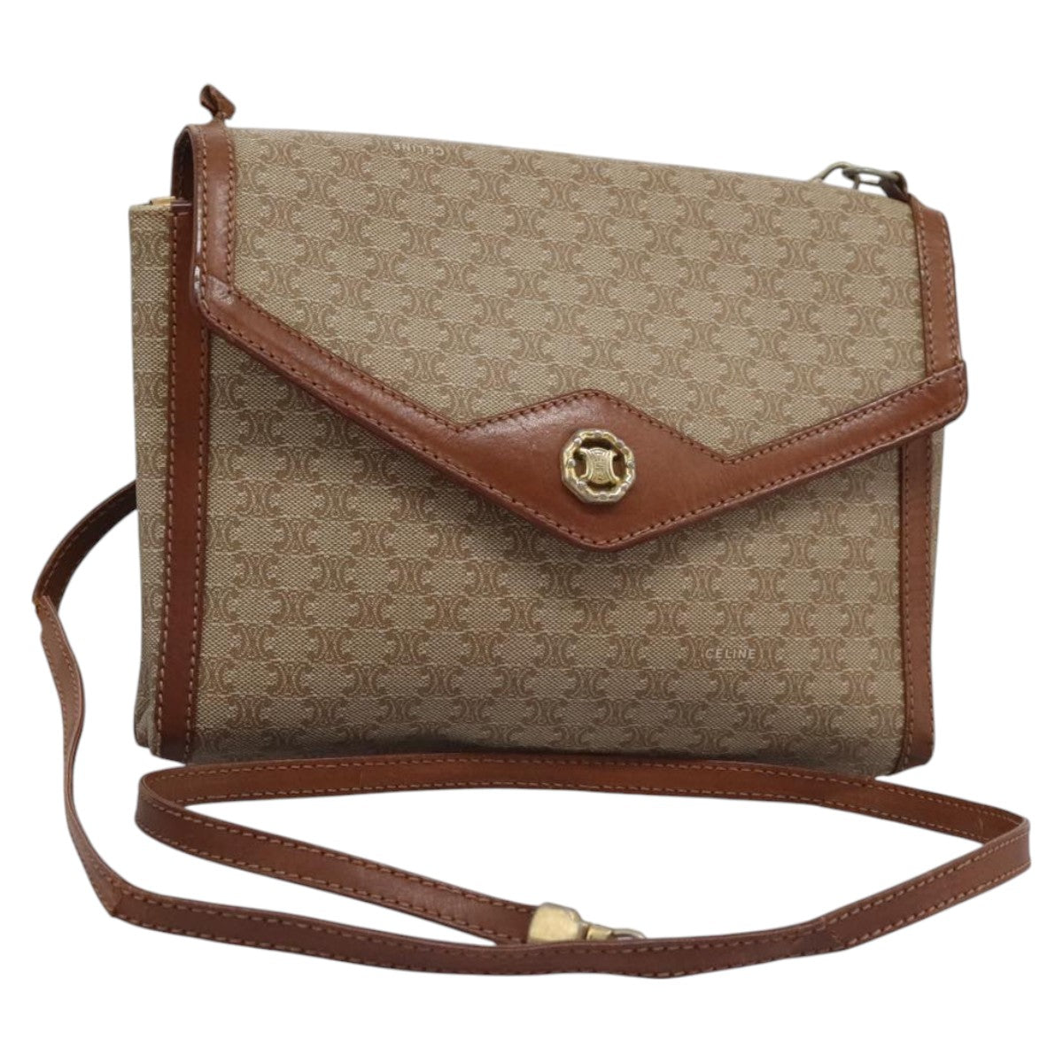 CELINE Macadam Canvas Shoulder Bag Beige Auth 80064