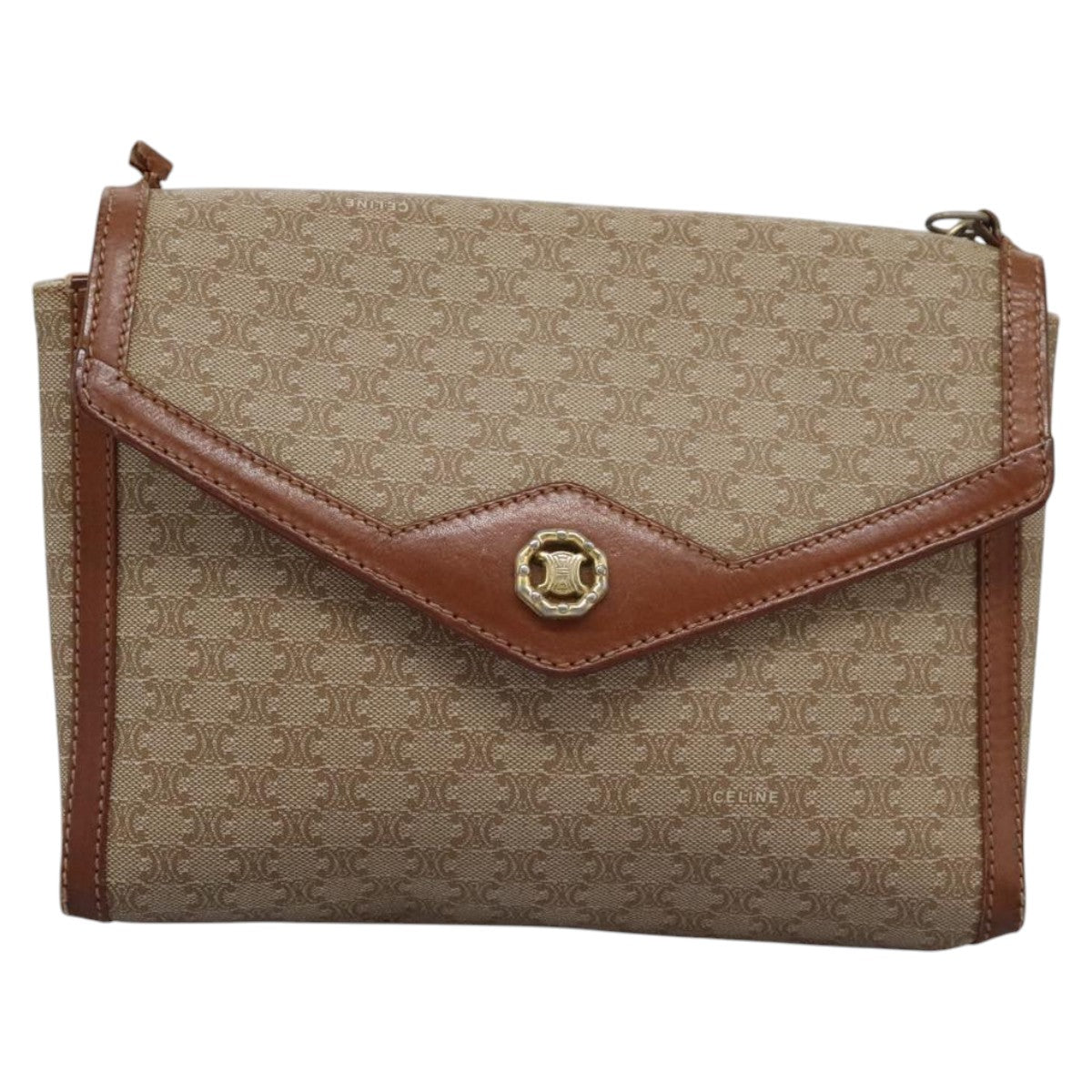 CELINE Macadam Canvas Shoulder Bag Beige Auth 80064
