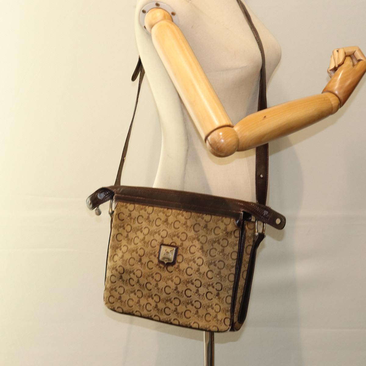 CELINE C Sulky Shoulder Bag Canvas Beige Brown Auth 81007