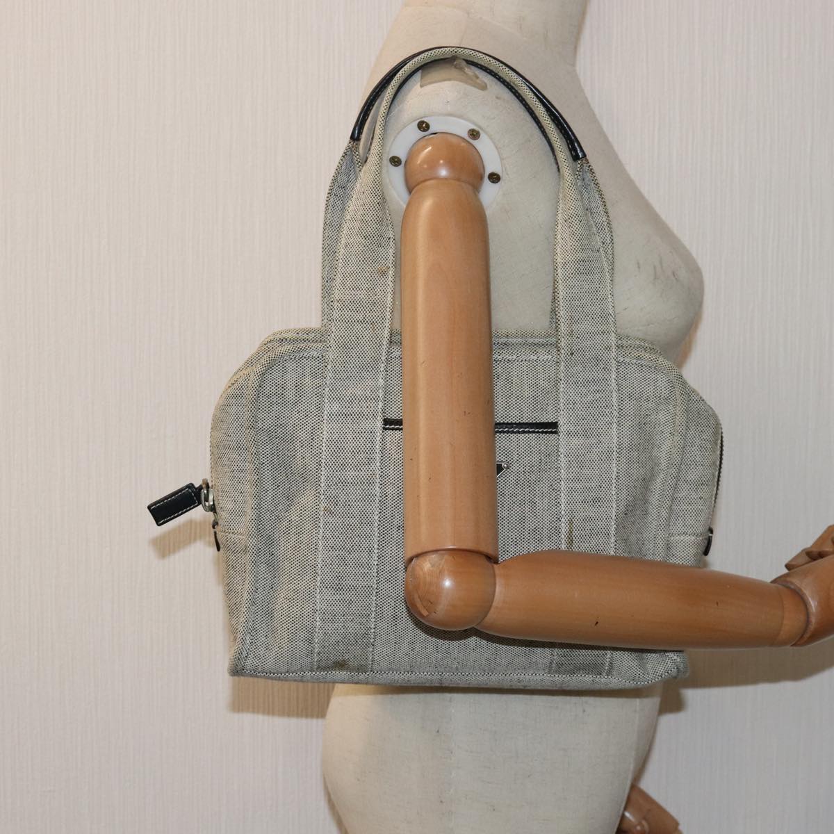PRADA Hand Bag Canvas Gray Auth 82074