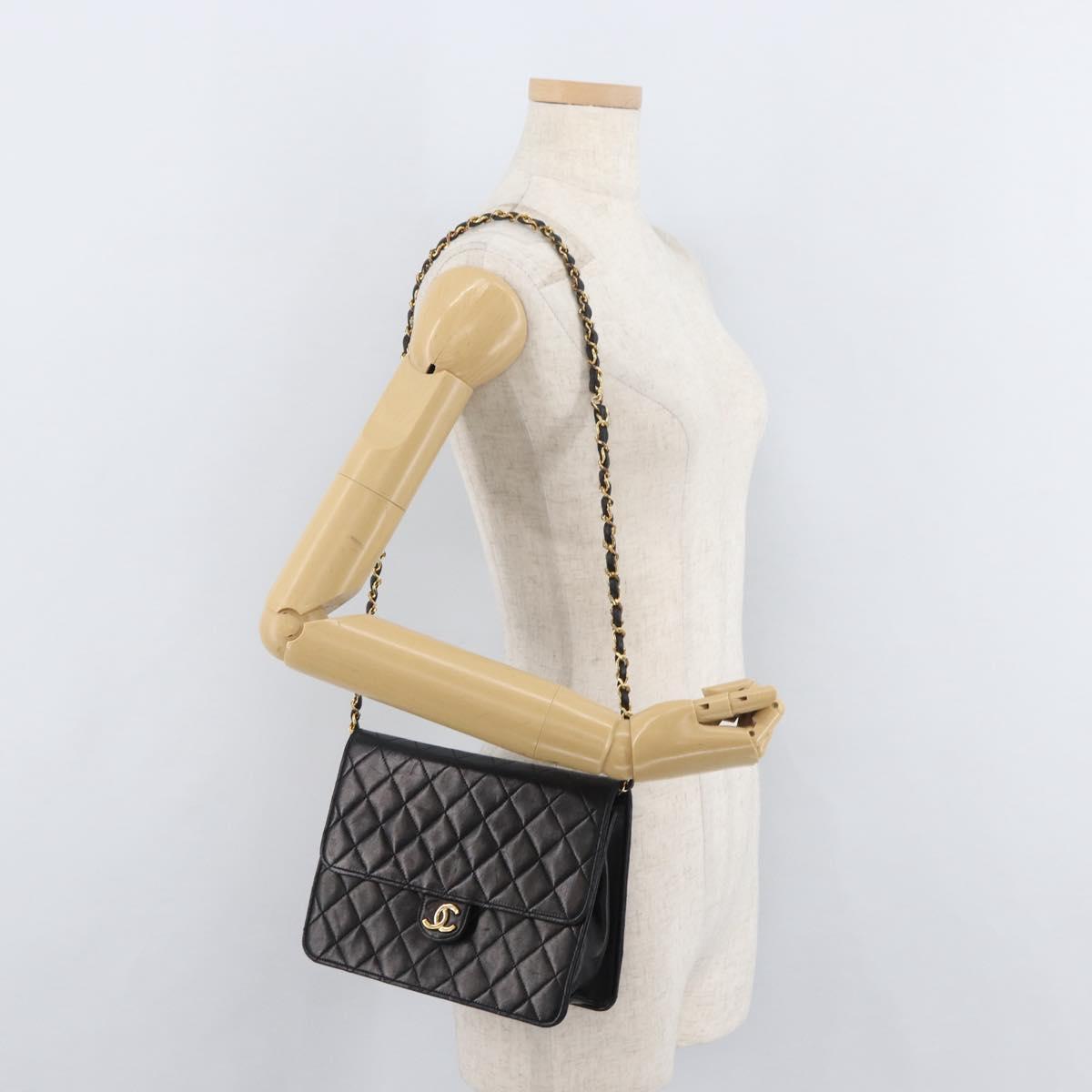 CHANEL Matelasse Chain Shoulder Bag Lamb Skin Black CC Auth 83342