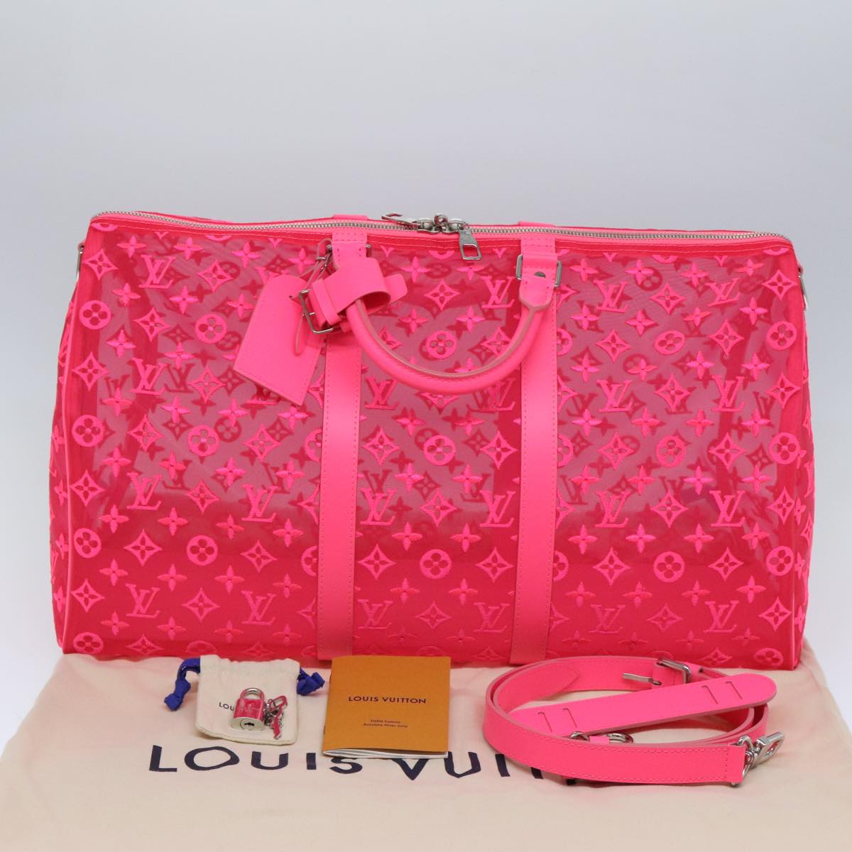 LOUIS VUITTON Monogram Mesh Keepall Bandouliere 50 Bag Pink M45048 Auth 83745SM