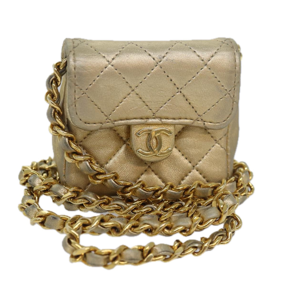 CHANEL Mini Matelasse Chain Shoulder Bag Lamb Skin Gold Tone CC Auth 84205V