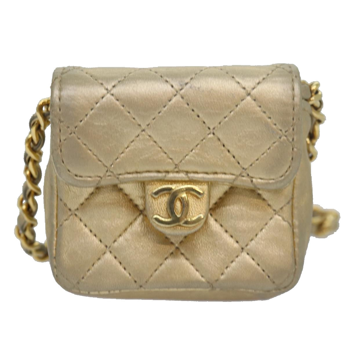 CHANEL Mini Matelasse Chain Shoulder Bag Lamb Skin Gold Tone CC Auth 84205V