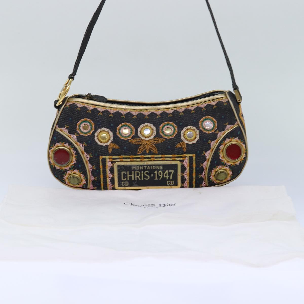 Christian Dior Hand Bag Canvas Blue Gold Auth 85438AM