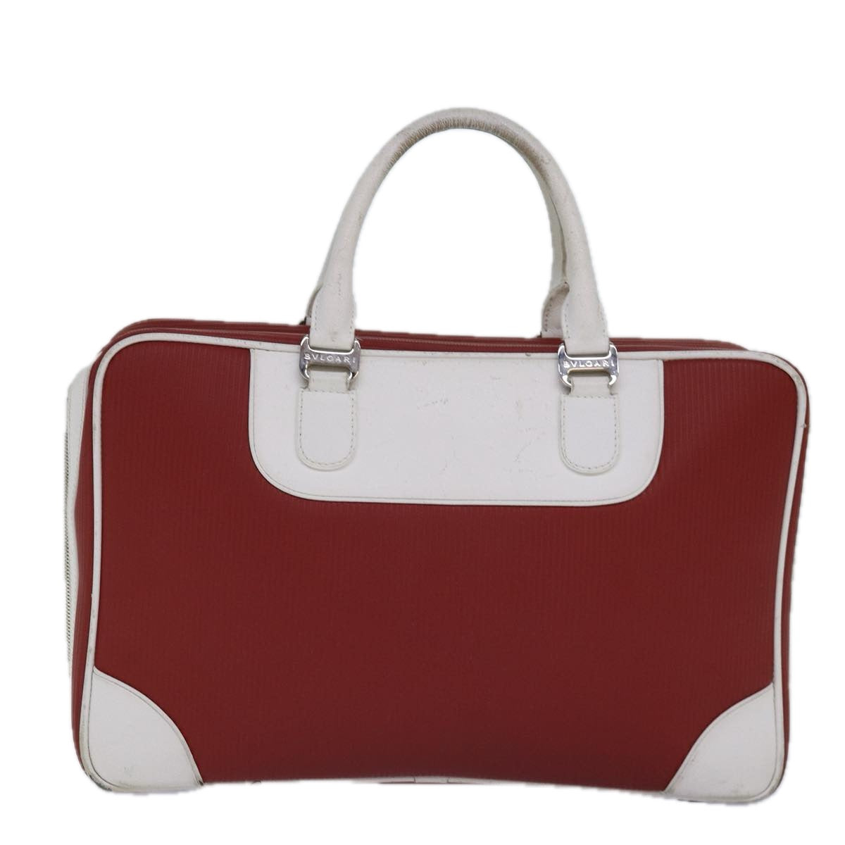 BVLGARI Hand Bag Leather Red White Silver Auth 85837